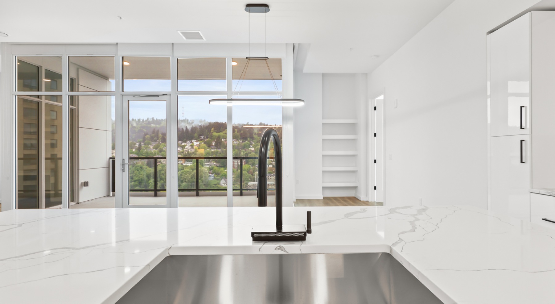 a kitchen island with windows