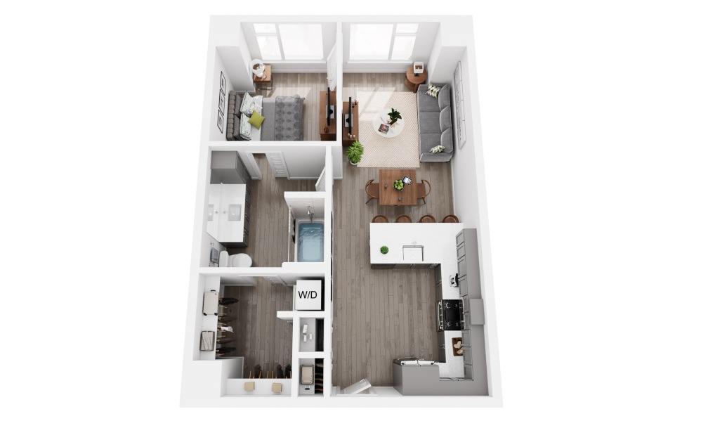 1x1 Sample A - 1 bedroom floorplan layout with 1 bathroom and 653 - 836 square feet (3D)