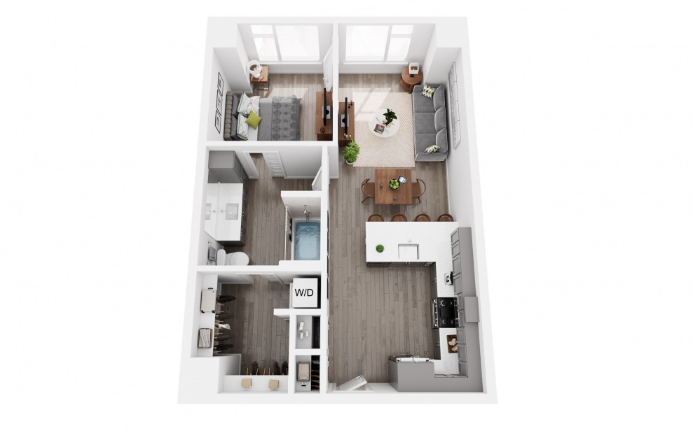 1x1 Sample A - 1 bedroom floorplan layout with 1 bath and 653 to 836 square feet. (3D)