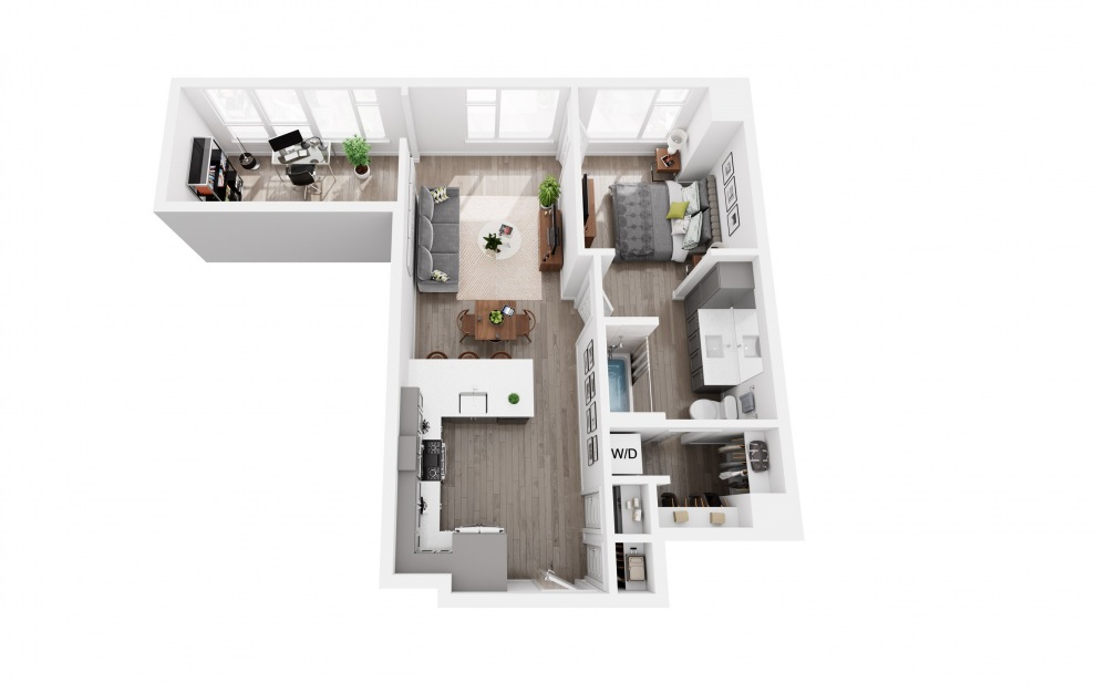 1x1 Sample D - 1 bedroom floorplan layout with 1 bath and 761 square feet. (3D)