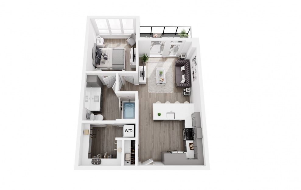 1x1 Sample B - 1 bedroom floorplan layout with 1 bath and 669 to 910 square feet. (3D)