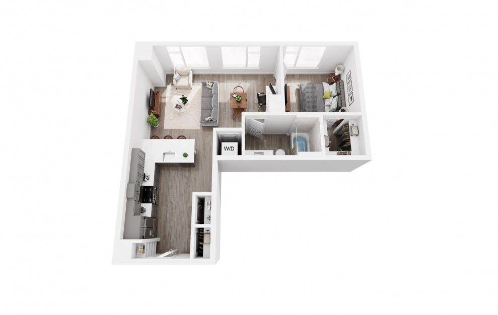 1x1 Sample C - 1 bedroom floorplan layout with 1 bath and 736 square feet. (3D)
