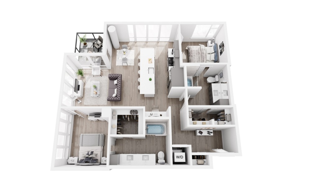 2x2 Sample B - 2 bedroom floorplan layout with 2 bathrooms and 1155 - 1210 square feet (3D)