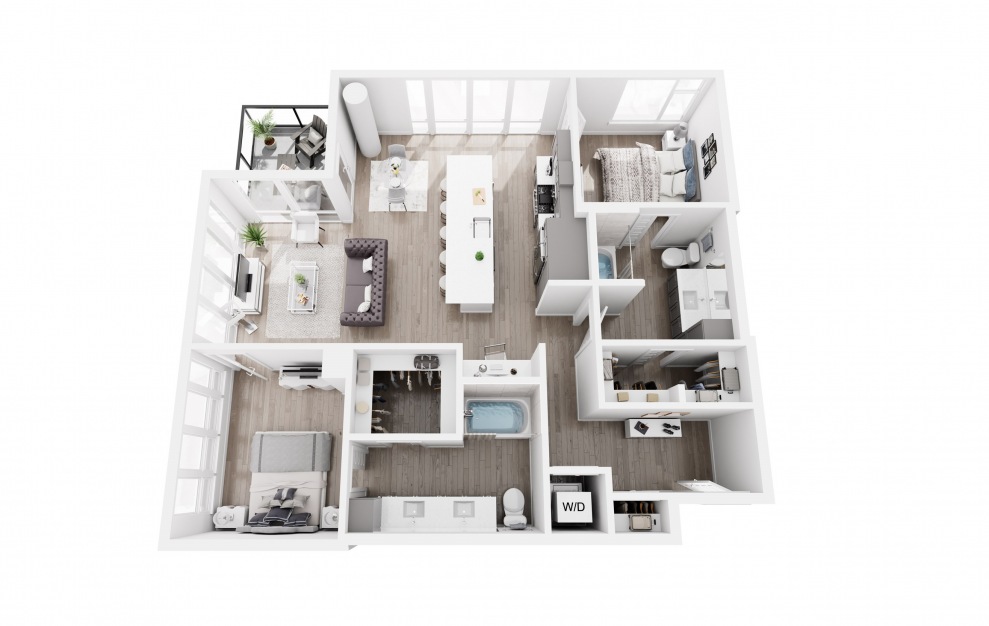 2x2 Sample B - 2 bedroom floorplan layout with 2 baths and 1155 to 1210 square feet. (3D)