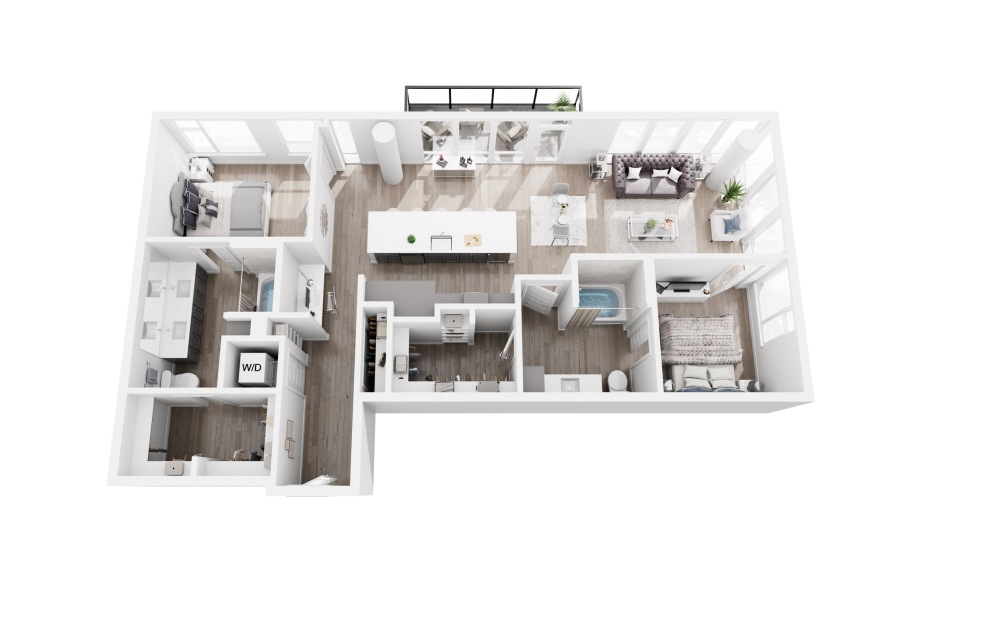 2x2 Sample A - 2 bedroom floorplan layout with 2 bathrooms and 1041 - 1208 square feet (3D)