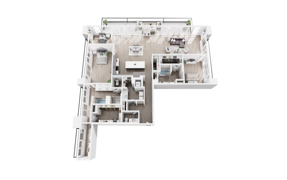 Penthouse Sample E - 2 bedroom floorplan layout with 2.5 bathrooms and 2611 square feet (3D)