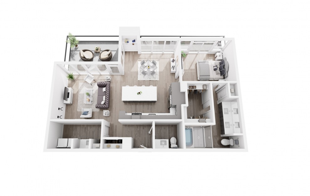 Penthouse Sample A - 1 bedroom floorplan layout with 1.5 bath and 1073 to 1119 square feet. (3D)