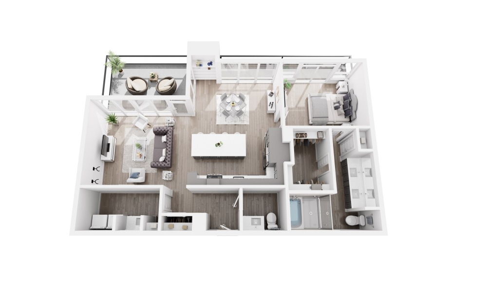 Penthouse Sample A - 1 bedroom floorplan layout with 1.5 bathroom and 1073 - 1119 square feet (3D)