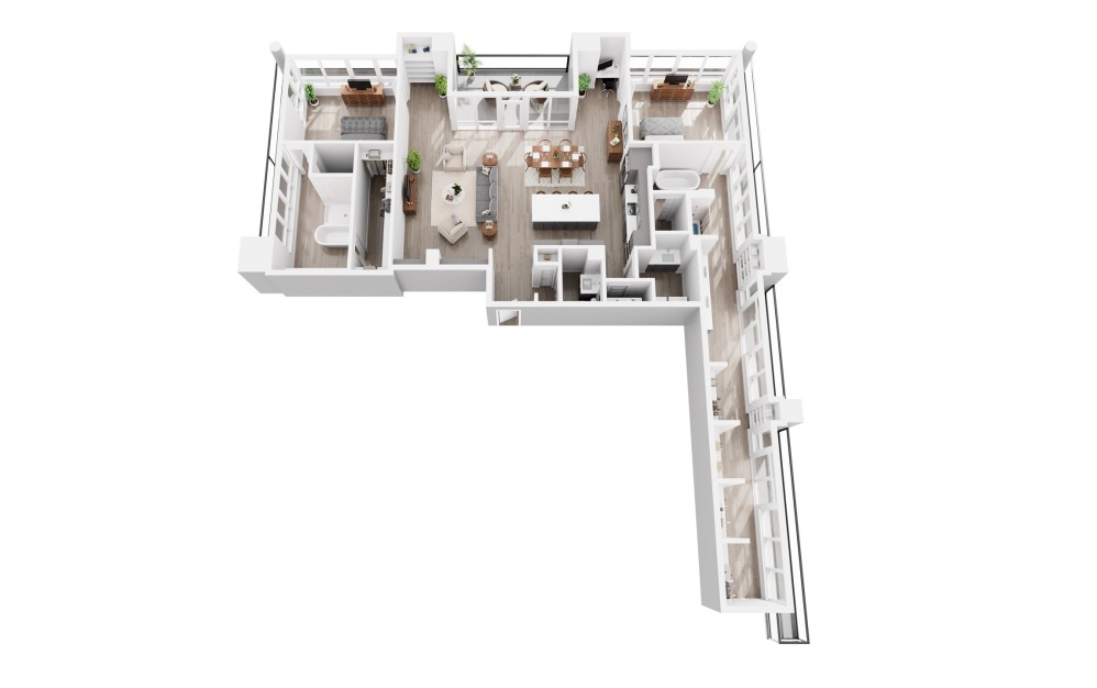 Penthouse Sample D - 2 bedroom floorplan layout with 2.5 bathrooms and 2158 square feet (3D)