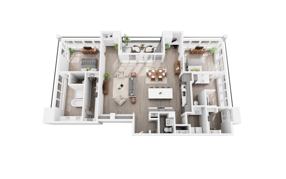 Penthouse Sample B - 2 bedroom floorplan layout with 2.5 bathrooms and 1741 - 1903 square feet (3D)