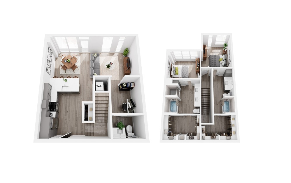 Townhome + Den Sample B - 2 bedroom floorplan layout with 2.5 bathrooms and 1408 - 1410 square feet (3D)