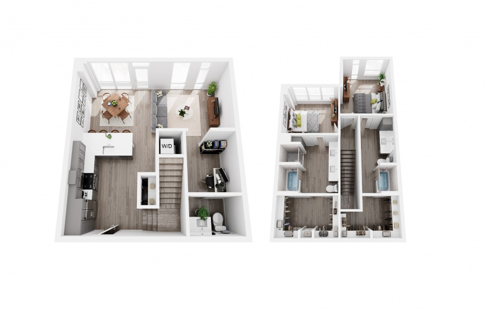 Townhome + Den Sample B - 2 bedroom floorplan layout with 2.5 baths and 1408 to 1410 square feet. (3D)