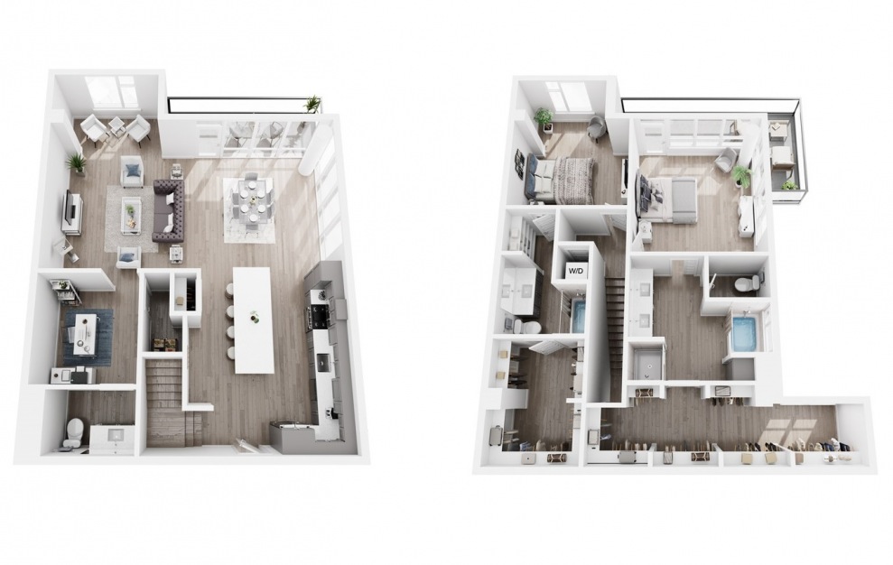 Townhome + Den Sample C - 2 bedroom floorplan layout with 2.5 baths and 1451 to 2025 square feet. (3D)