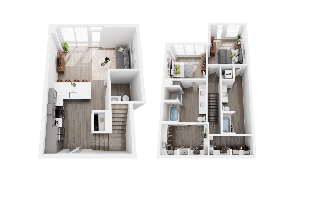 Townhome + Den Sample A - 2 bedroom floorplan layout with 2.5 bathrooms and 1280 square feet (3D)