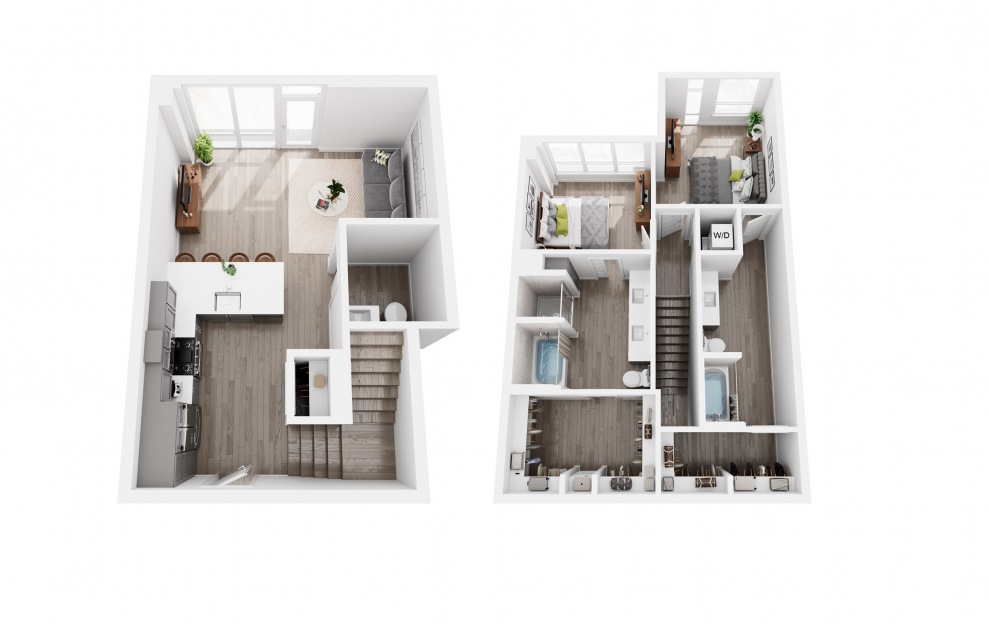 Townhome + Den Sample A - 2 bedroom floorplan layout with 2.5 baths and 1280 square feet. (3D)